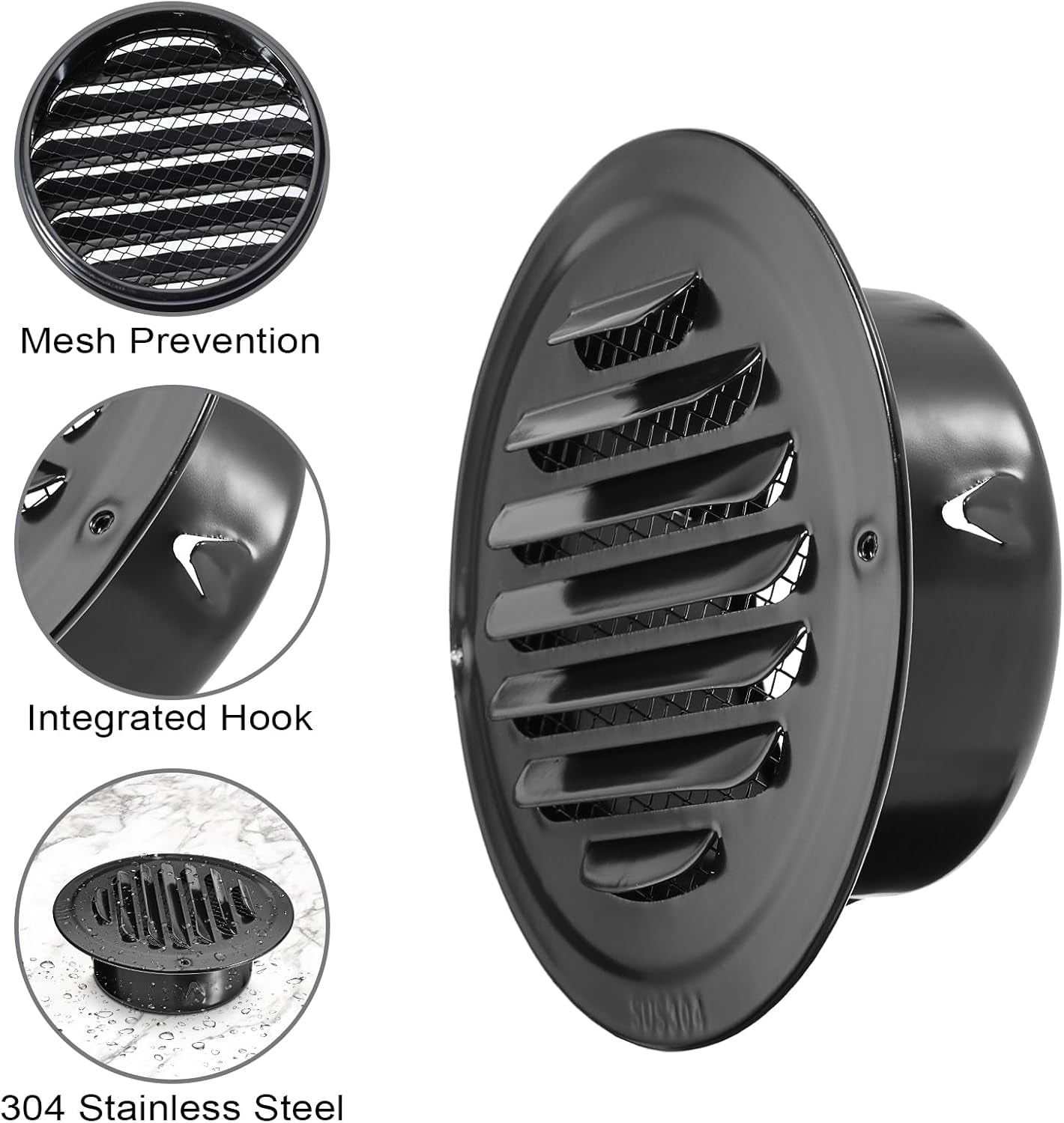 2 PCS 4 Inch Stainless Steel Air Vents round Black Soffit Vent Cover Air Vent Flat Ducting Air Outlet with Built-In Fine Mesh for Kitchen, Bathroom, Garage, Office and Warehouse Ventilation