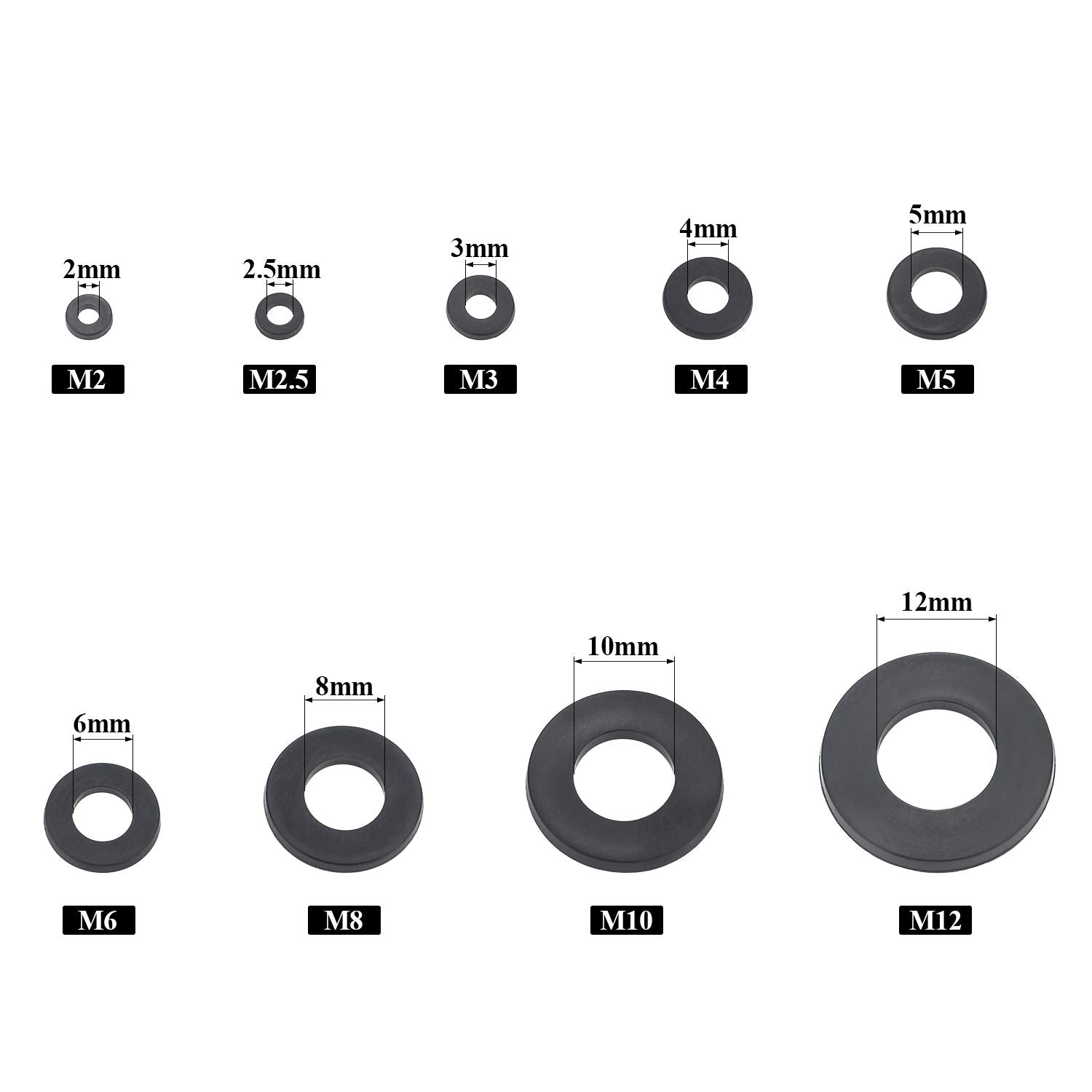 Nylon Flat Washer Assortment Set 600 Pieces, 9 Sizes - M2 M2.5 M3 M4 M5 M6 M8 M10 M12, Black