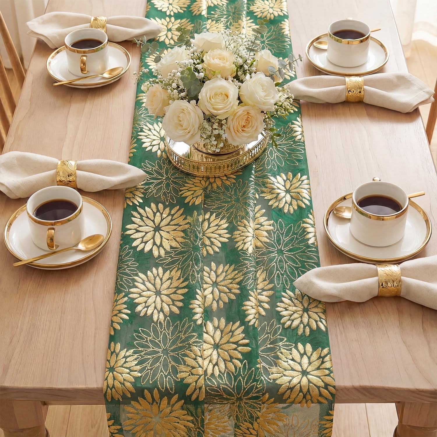 Green Gold Dahlia Flower Gauze Table Runner 120 Inch 10FT, Glitter Metallic Foil Seasonal Sheer Dining Holiday Table Decor for Home Party
