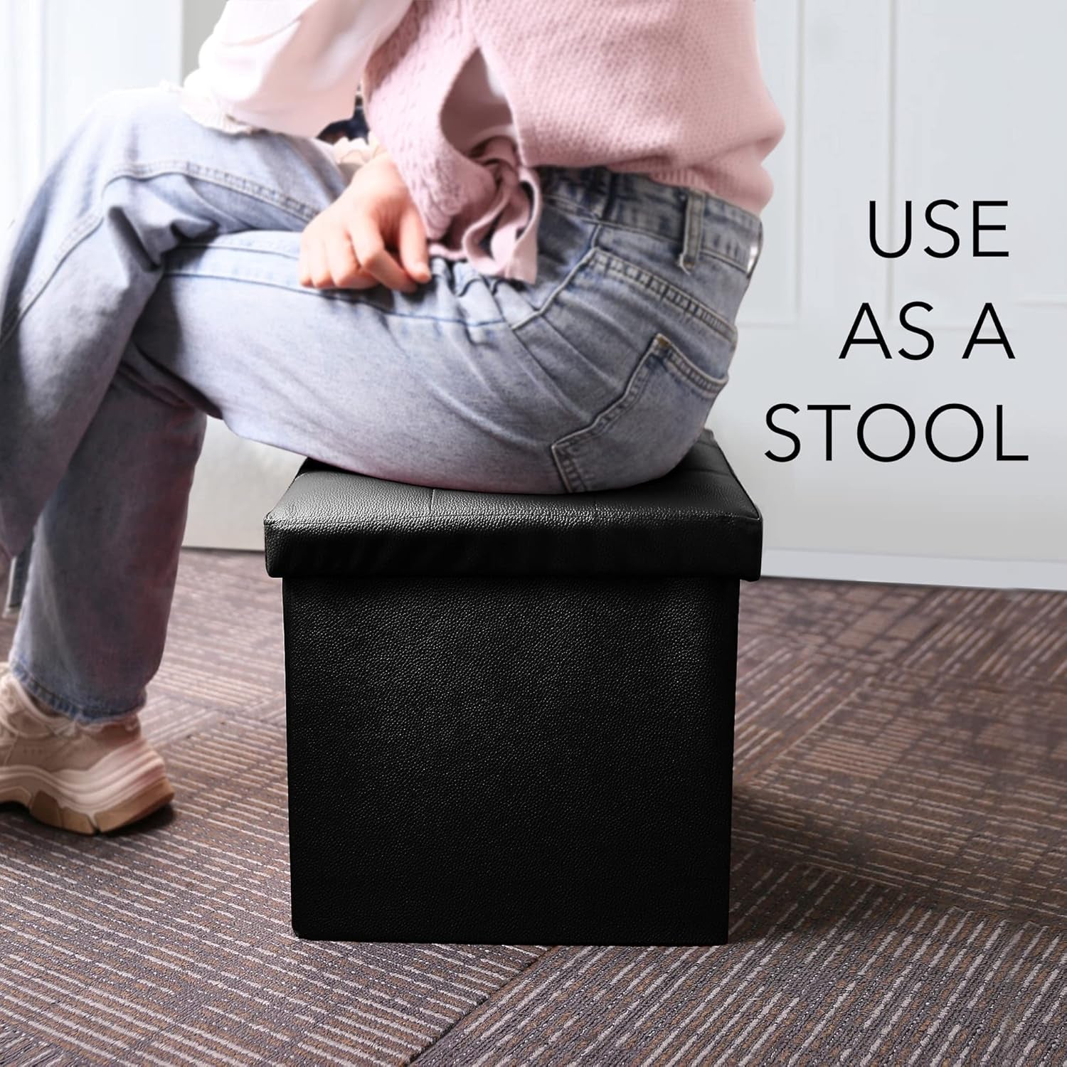 Storage Ottoman, Foldable Foot Rest Stool, 13X12X12 Inches Small Leather Bench with Storage, Holds up to 260 Lb, for Living Room, Bedroom, Dorm, Black