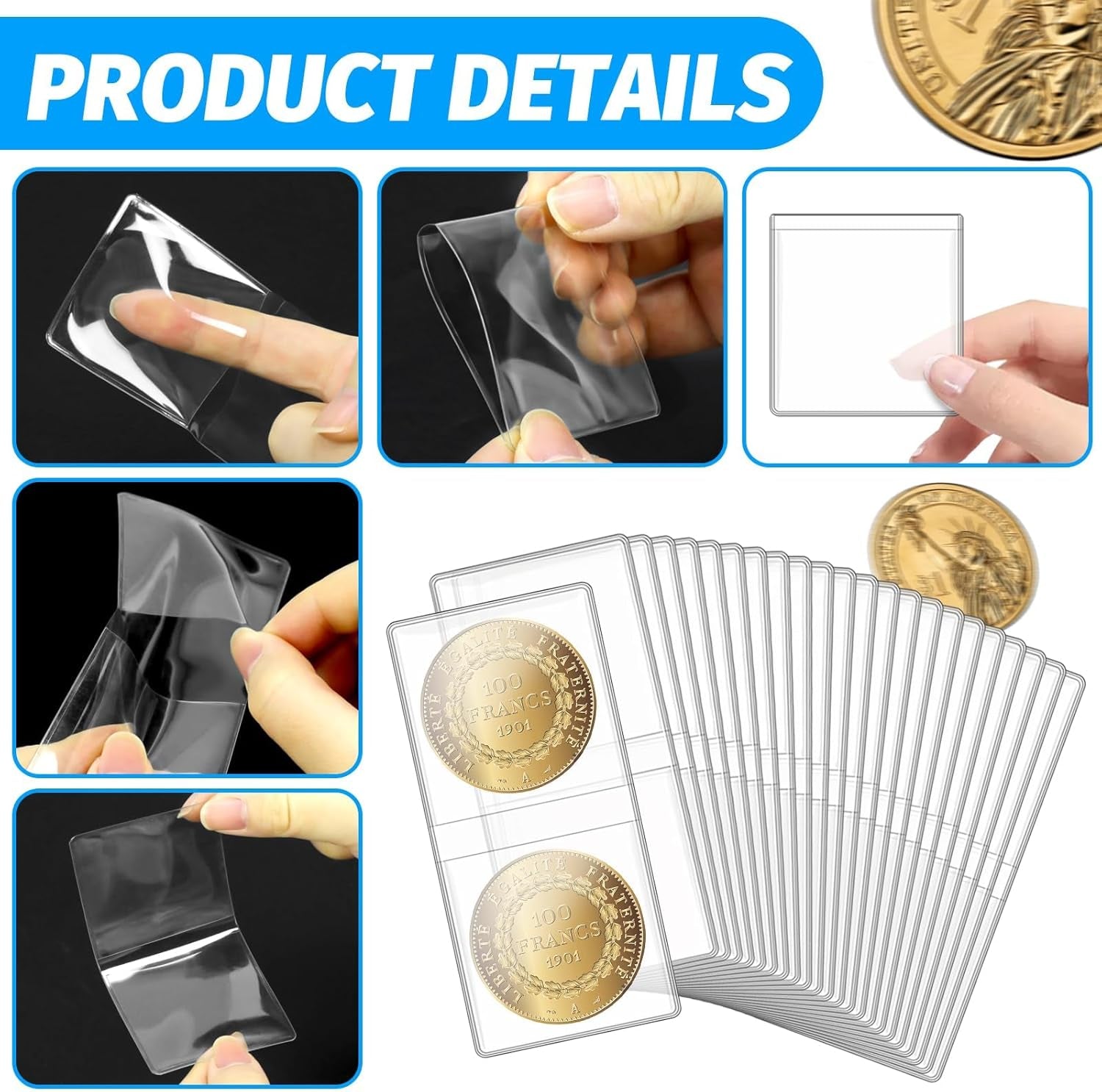200 Pack Double Pocket Coin Flips, 2X2 Inch Clear Plastic Coin Sleeves for All Coins, Jewelry, Rings Earrings Gemstones Collection Supplies & Protectors (Double Rectangular)