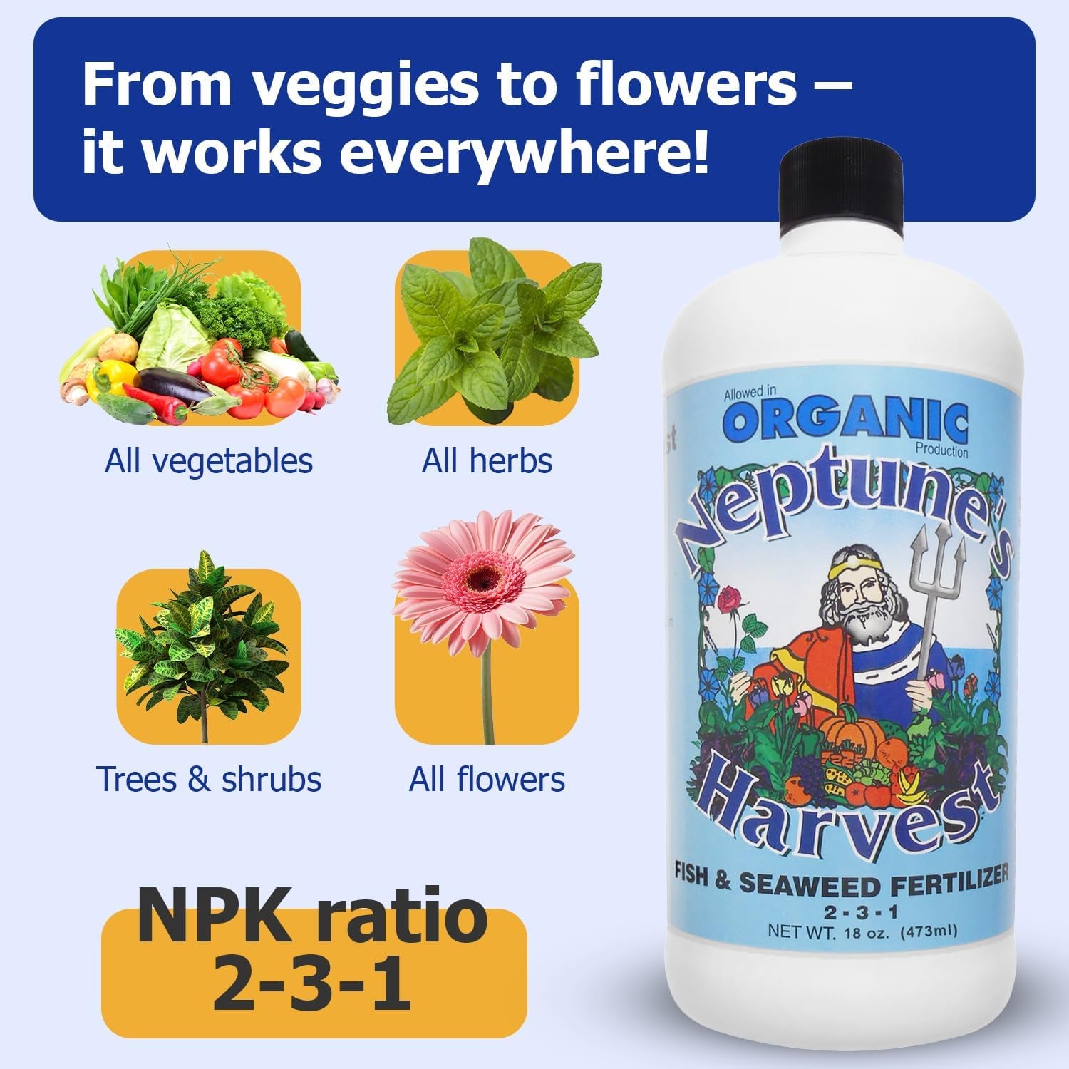 Fish & Seaweed Liquid Fertilizer (2-3-1) - 18Oz Pint - Plant Food for Garden - Indoor & Outdoor Organic Plant Fertilizer for Vegetables, Flowers, Fruit, Trees & Lawns