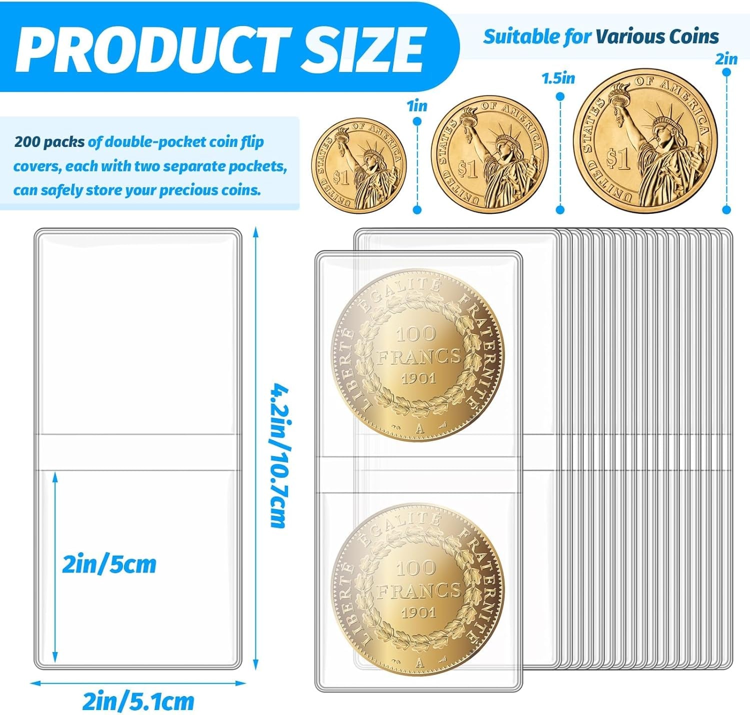 200 Pack Double Pocket Coin Flips, 2X2 Inch Clear Plastic Coin Sleeves for All Coins, Jewelry, Rings Earrings Gemstones Collection Supplies & Protectors (Double Rectangular)