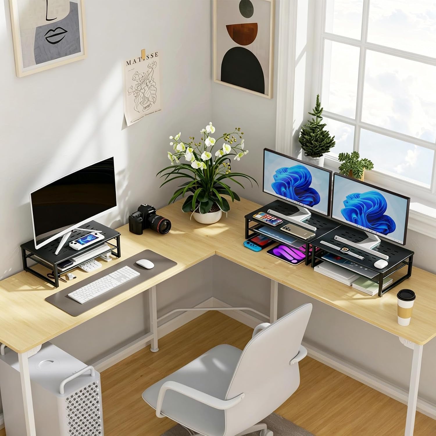 Desk Organizers and Accessories, 2-Tier Metal Monitor Stand Riser, Desk Organizer for Monitor, Office Desk Storage Organizer for Office Supplies (Black)