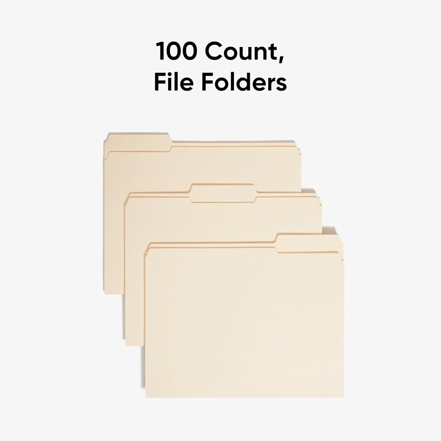 Three manila file folders displaying the 100-pack for organizing documents and files efficiently.