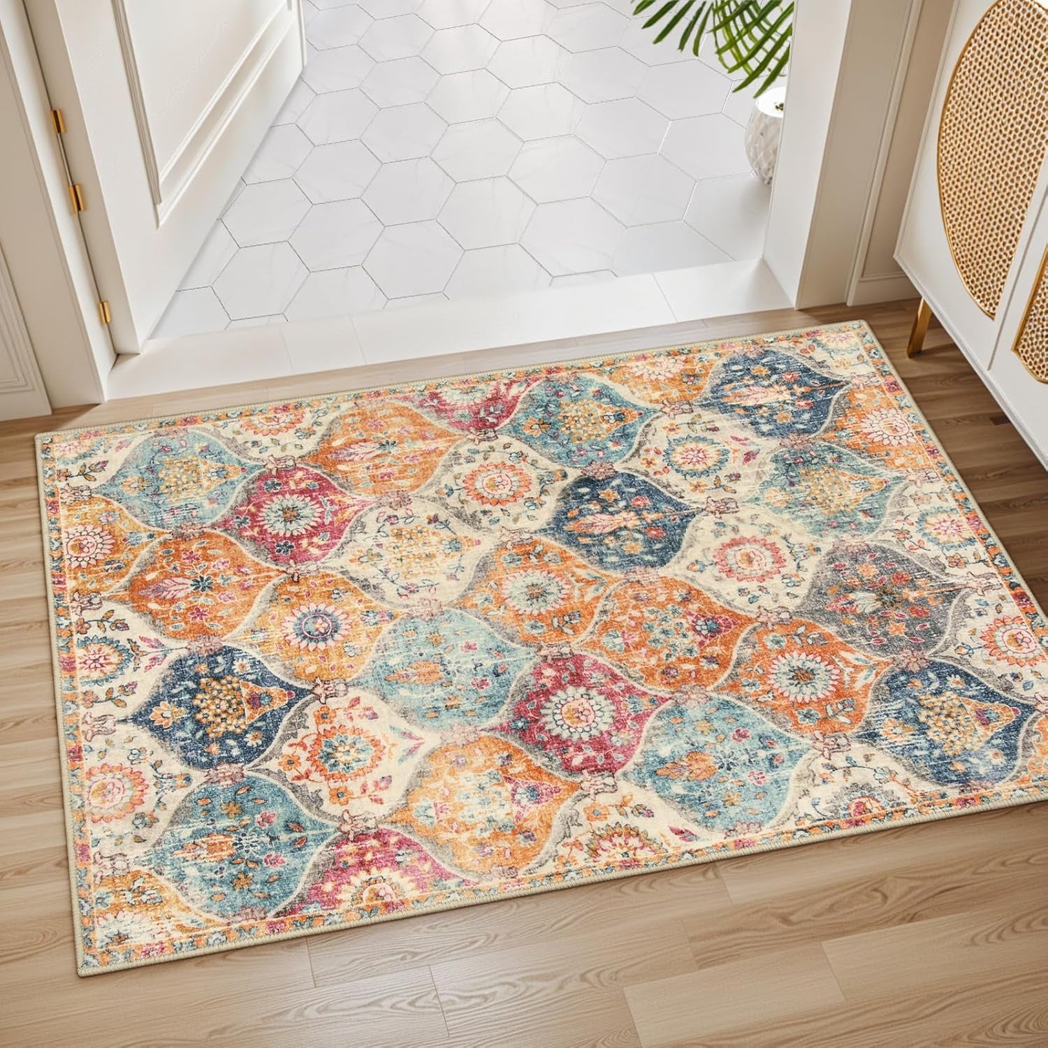 Moroccan Trellis Washable Rug, 2X3 Kitchen Rugs for Entryway Bathroom, Non-Slip Indoor Door Mat Ultra-Thin, Small Oriental Throw Carpet for Bedroom Entry Elise, Cream/Multi