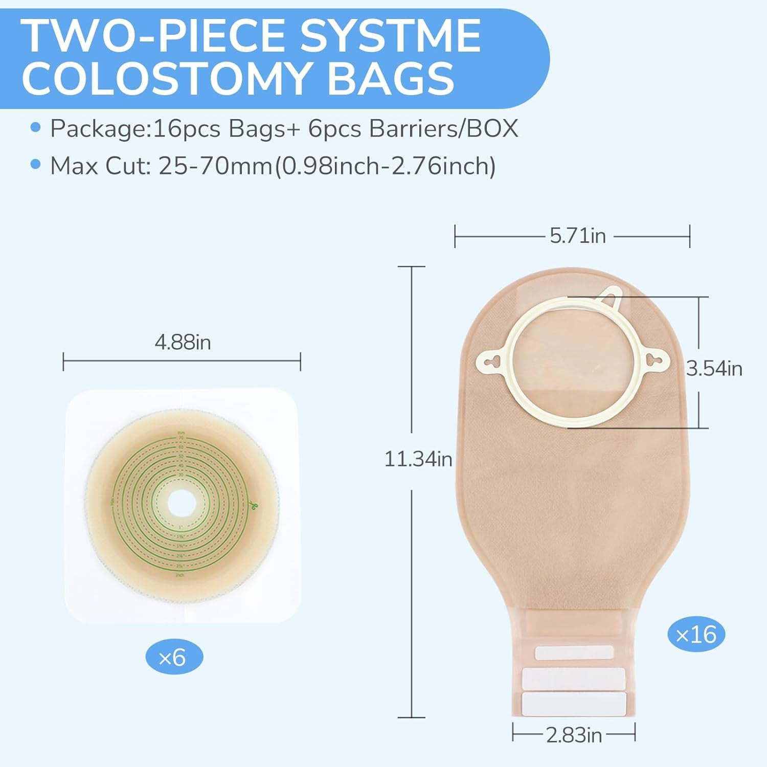 22Pcs Ostomy Supplies Colostomy Bags, 2-Piece Colostomy Bags, Two-Piece Drainable Pouches with Closure for Ileostomy Stoma Care, Cut-To-Fit, 70Mm Max (16 X Ostomy Bags+ 6 X Skin Barrier)