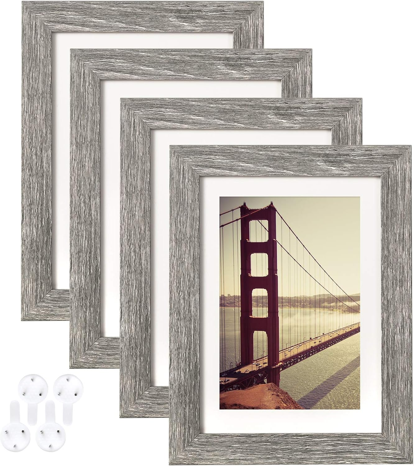 5X7 Picture Frame Rustic Grey Wood Pattern Set of 4,Display Photos 4X6 with Mat or 5X7 without Mat, Horizontal and Vertical Formats for Wall and Table Mounting