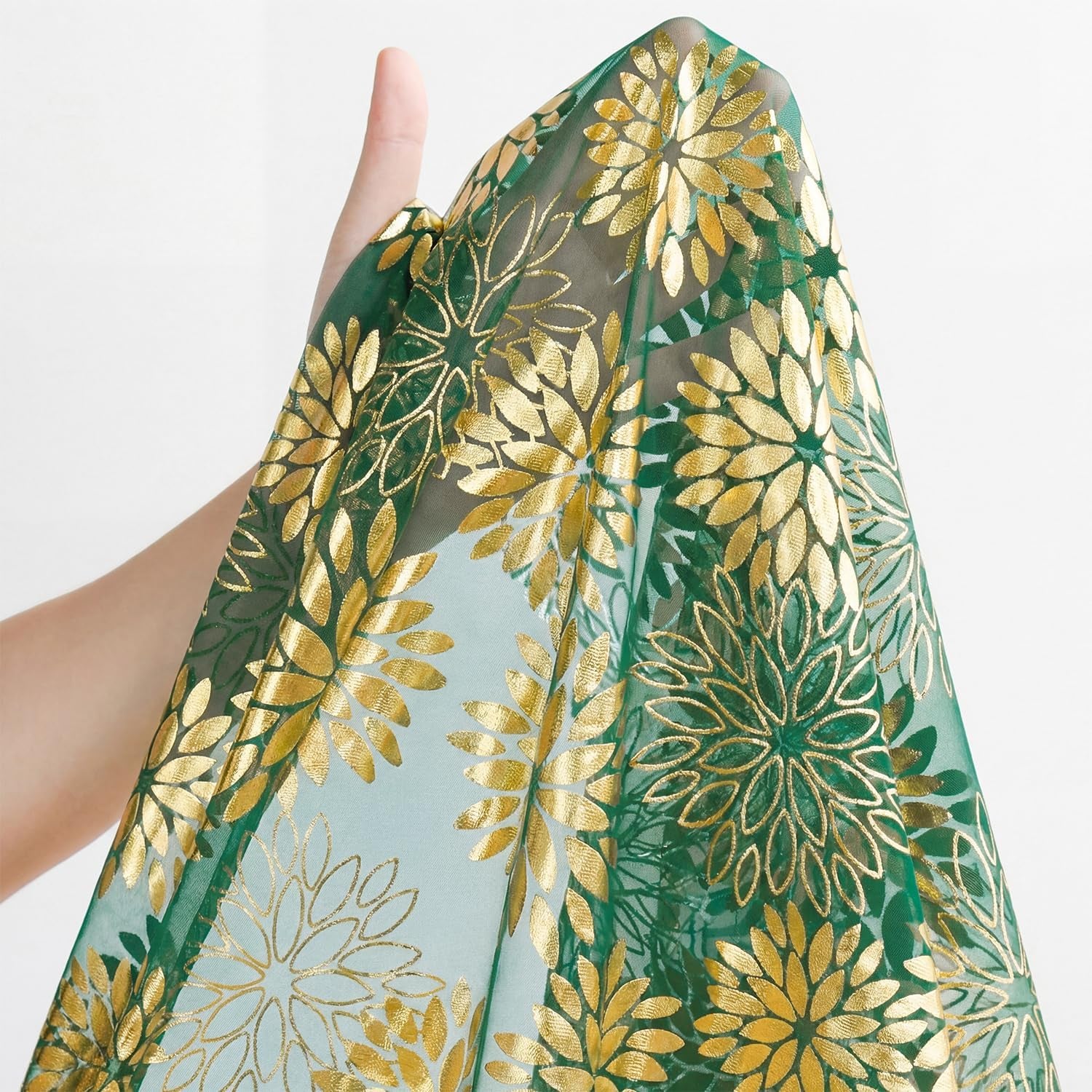 Green Gold Dahlia Flower Gauze Table Runner 120 Inch 10FT, Glitter Metallic Foil Seasonal Sheer Dining Holiday Table Decor for Home Party
