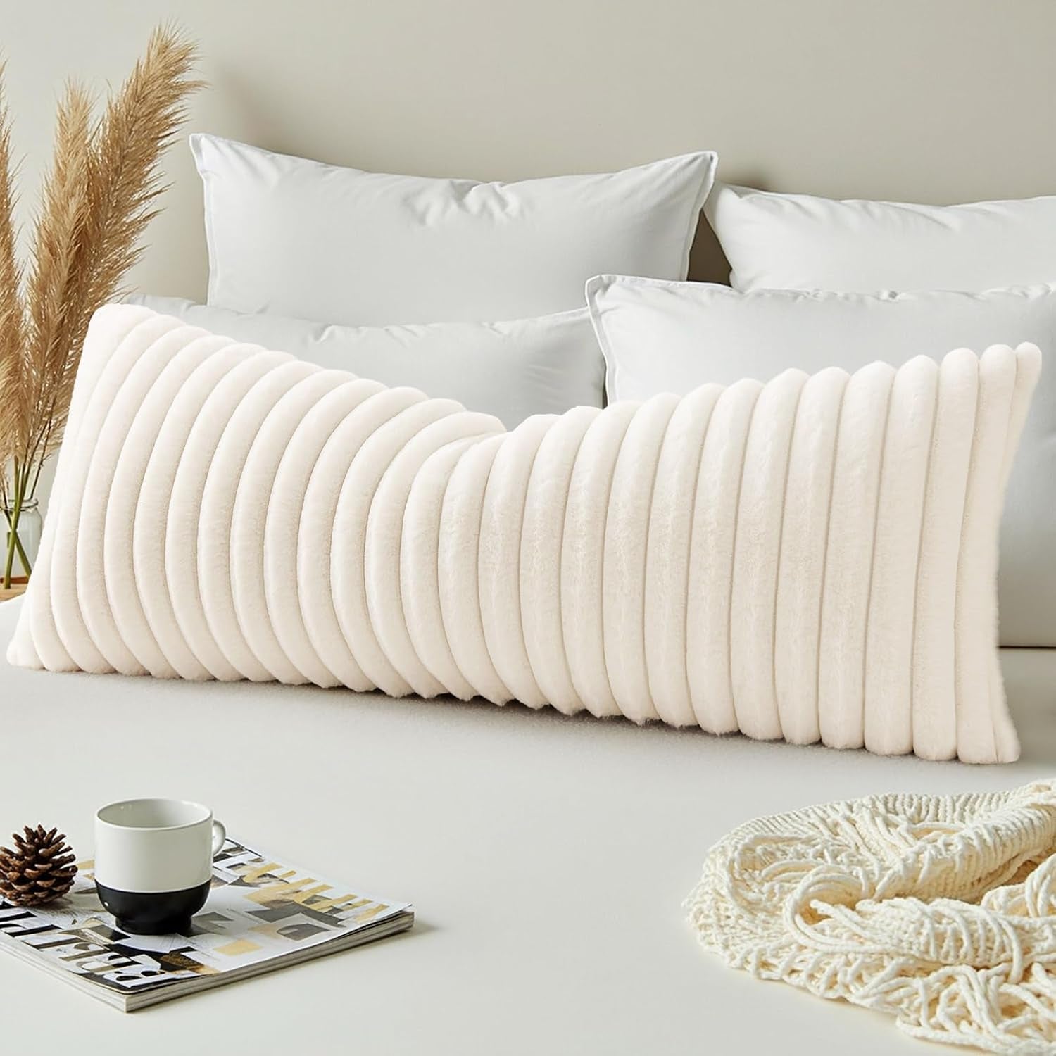 Summer Cozy Faux Fur Throw Pillow Covers 14X36 Pack of 1 Decorative Soft Plush Striped Lumbar Modern Farmhouse Boho Couch Pillow Cases with Velvet Back for Sofa Bed Living Room, Cream White