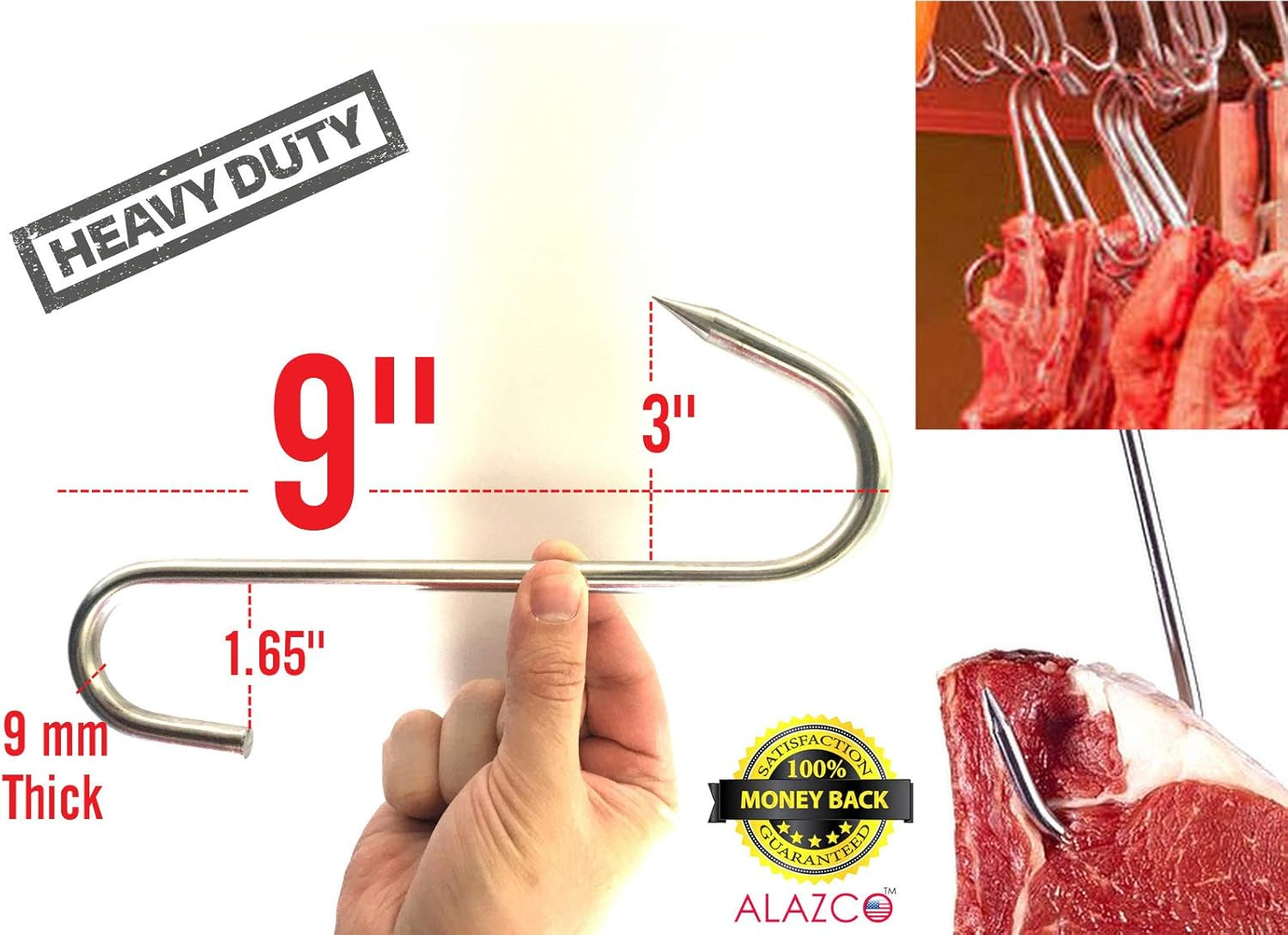 4Pc 9" Heavy Duty & Thick Stainless Steel Meat Processing Butcher Hook - Wild Game, Smoking Ribs BBQ Large Fish, Hunting, Carcass Deer Hanging S-Hook Excellent Quality 9Mm Thick
