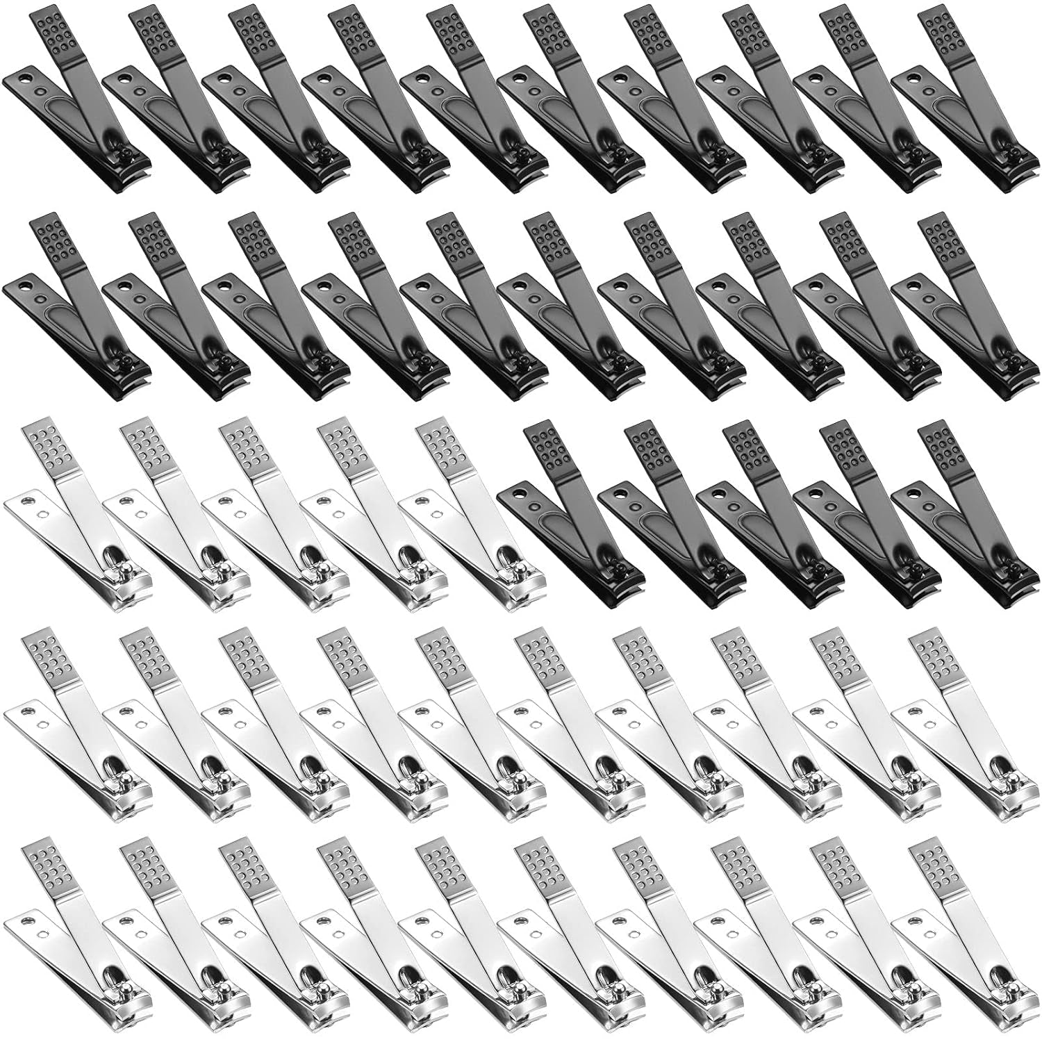 50 Pieces Nail Clipper Set Fingernails and Toenail Bulk Clipper Flat Stainless Steel Nail Cutter for Women Men Thick Nails, Black and Silver
