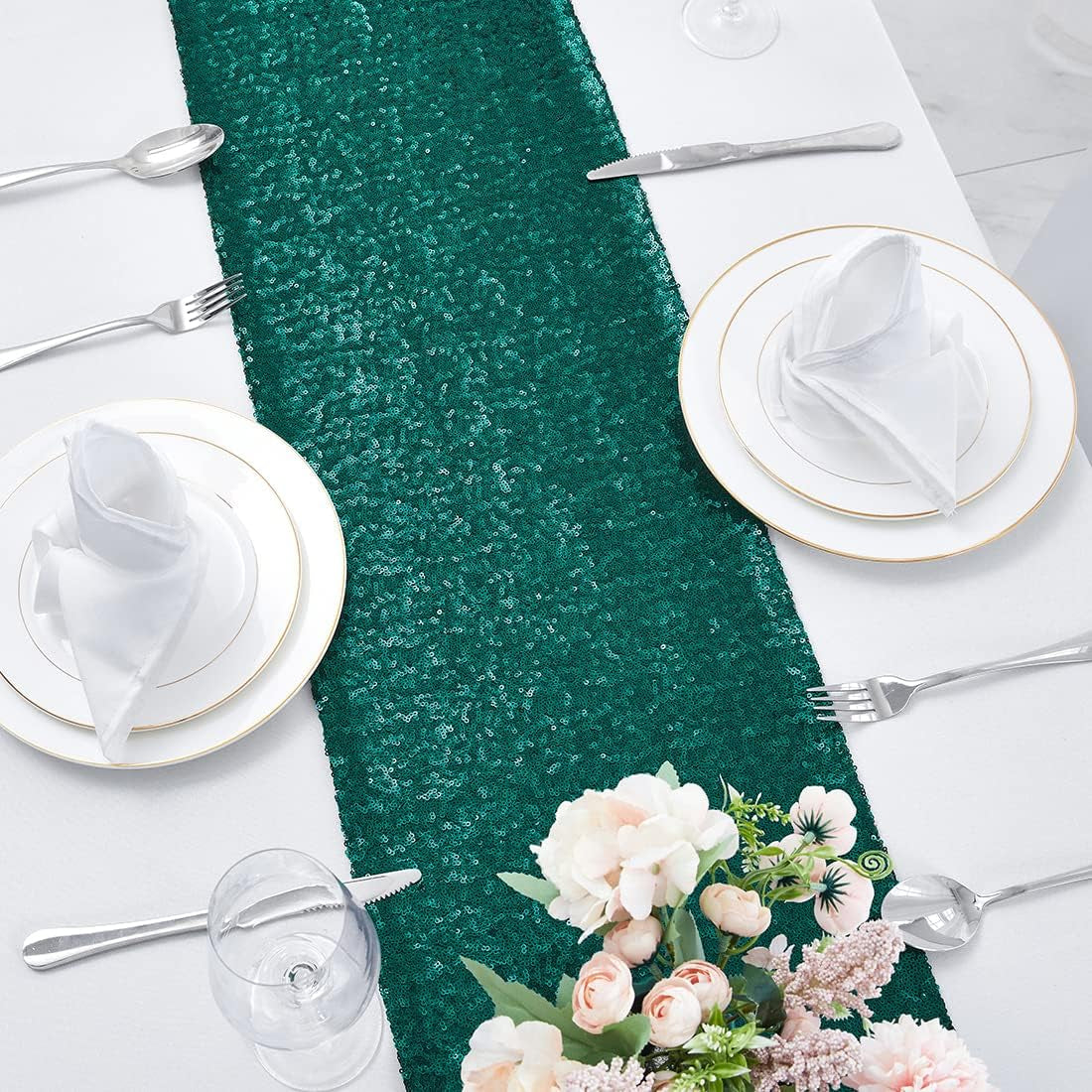 2 Packs 12 X 72 Inches Hunter Green Sequin Table Runner, Glitter Runner for Birthday Party Supplies Decorations Wedding Bachelorette Holiday Celebration Bridal Shower Baby Shower