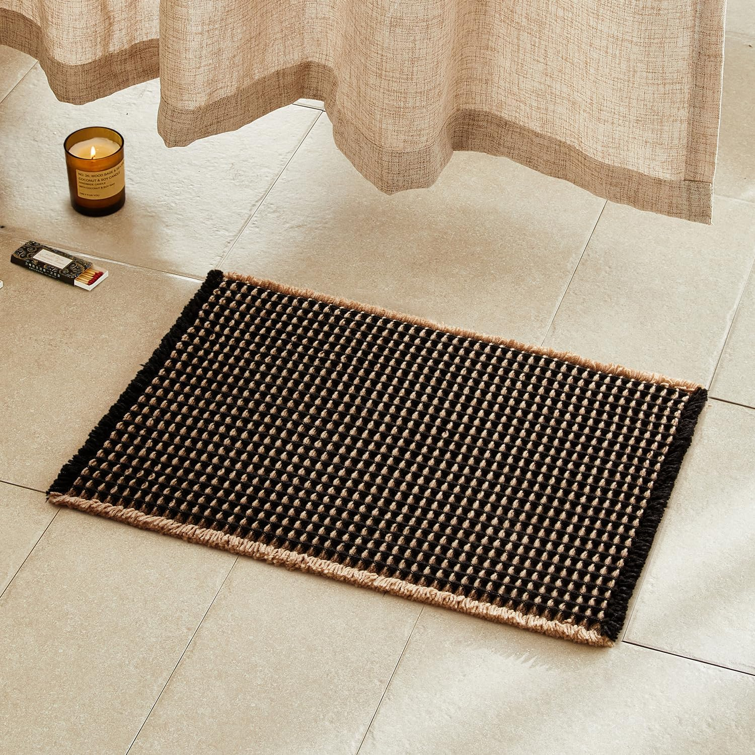 Waffle Bath Mat, Boho Bathroom Rugs Non Slip Washable Super Absorbent Quick Dry Bath Mat Farmhouse Bathroom Decor, 24"X16" Khaki and Black