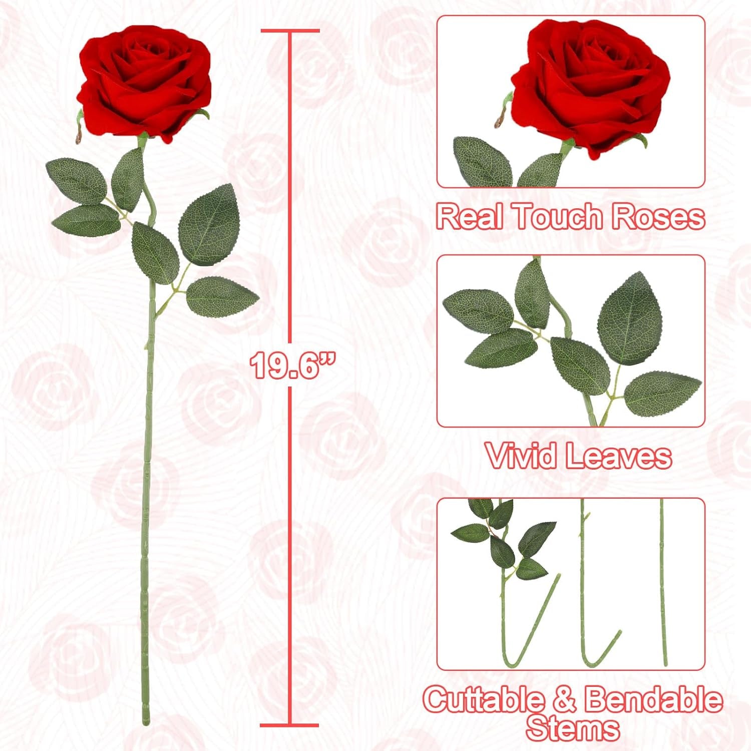40PCS Red Roses Artificial Flowers - Long Stem Fake Roses Bouquet Silk Red Flowers Artificial Rose for Wedding Centerpiece Home Decor & Valentines Floral Arrangement