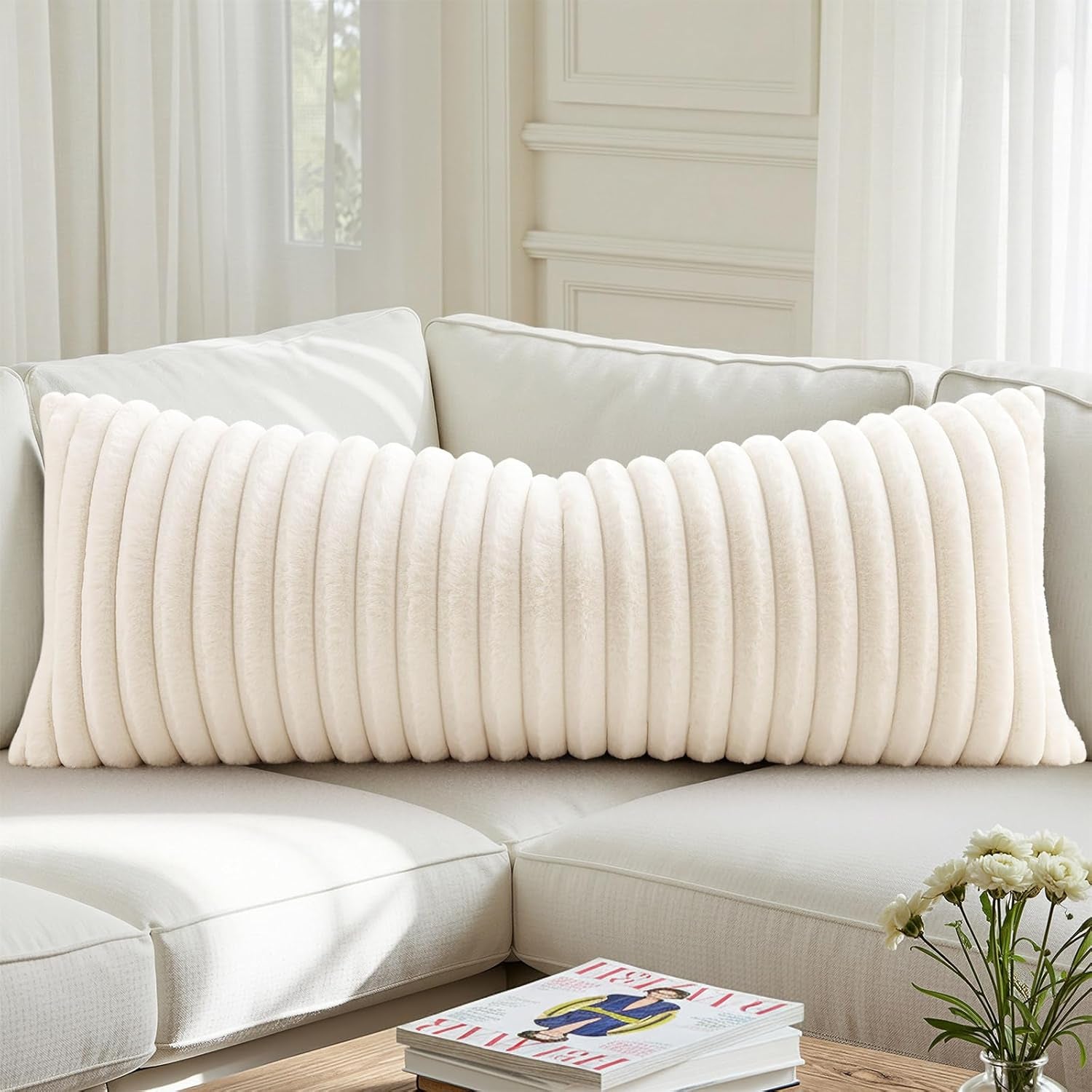 Summer Cozy Faux Fur Throw Pillow Covers 14X36 Pack of 1 Decorative Soft Plush Striped Lumbar Modern Farmhouse Boho Couch Pillow Cases with Velvet Back for Sofa Bed Living Room, Cream White