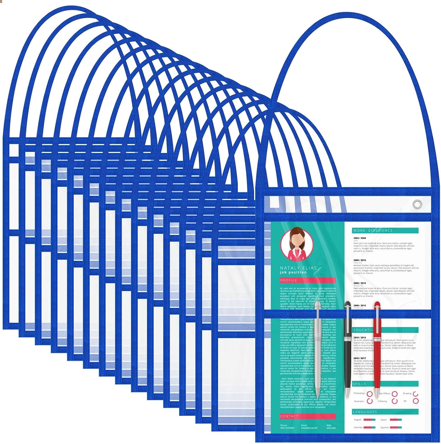 15 Job Ticket Holder 9 X 12 Dry Erase Pocket Sleeves Work Order Plastic Sleeves with Hanging Strap Reusable Repair Shop Ticket Holders, Both Sides Clear (Blue)