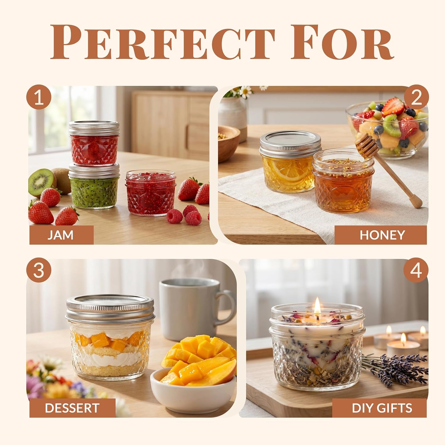 40 Pcs 4Oz Clear Glass Mini Mason Jars with Silver Separable Lids and Diamond Appearance, Small Spice Canning Jars for Honey, Jam, Jelly, Wedding Favors, Kitchen Food Storage