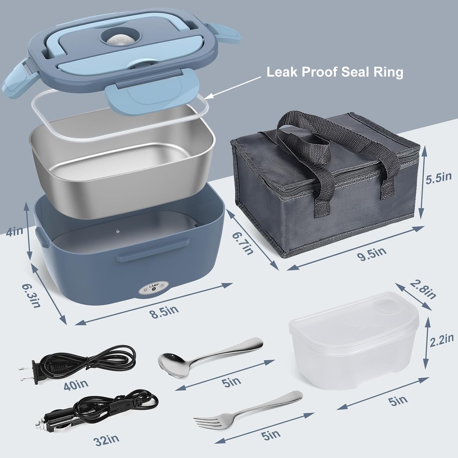 Electric Lunch Box Food Heater, Electric Heating Lunch Boxes Lunch for Adults/Men/Truck/Car/Work, 80W 1.5L Removable 304 Stainless Steel Container, 110V/12V/24V, with Fork & Spoon