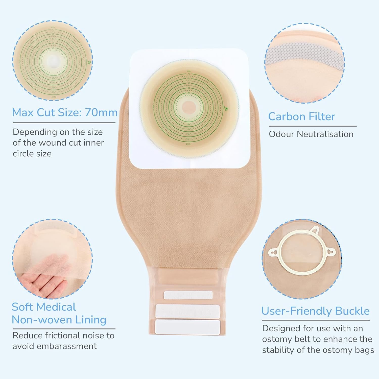22Pcs Ostomy Supplies Colostomy Bags, 2-Piece Colostomy Bags, Two-Piece Drainable Pouches with Closure for Ileostomy Stoma Care, Cut-To-Fit, 70Mm Max (16 X Ostomy Bags+ 6 X Skin Barrier)