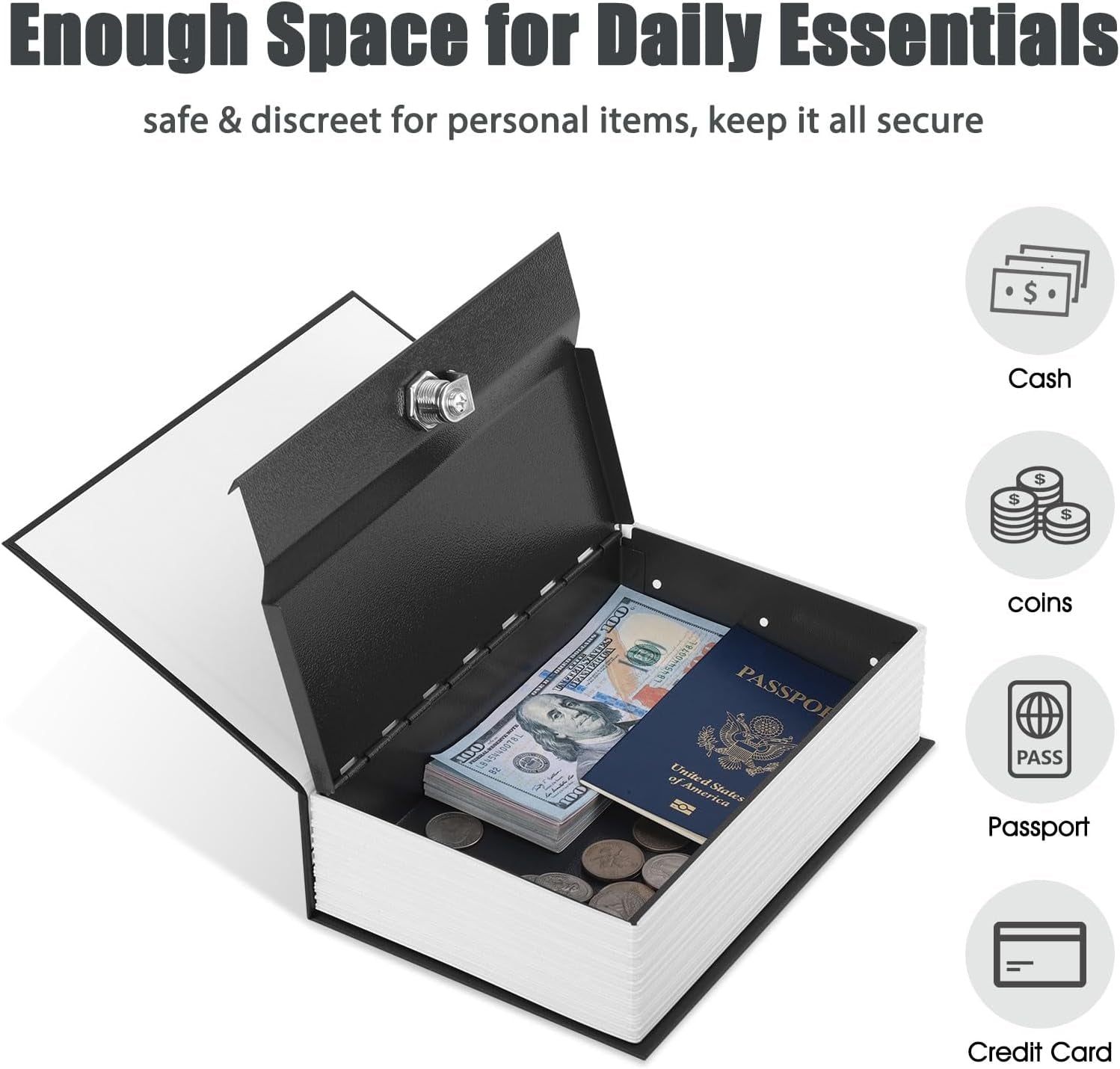 Diversion Book Safe with Key Lock, Secret Safe Metal Lock Box, Money Storage Collection Box, 9.5" X 6.2" X 2.2", Black Large