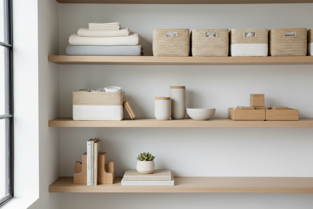 Smart organization storage solutions displayed on shelves with baskets, fabrics, and decorative items.