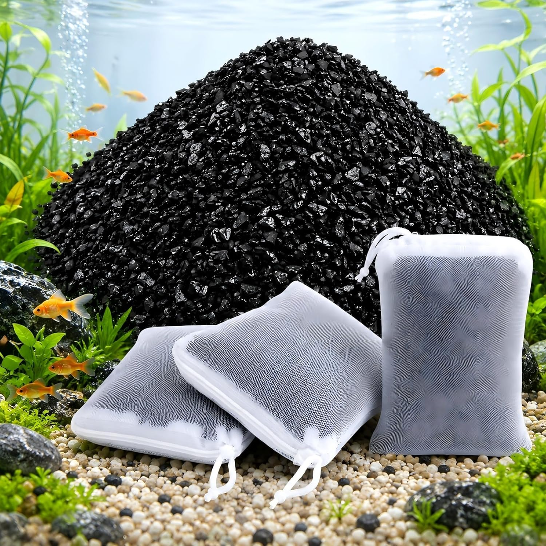 0.9 LB Activated Charcoal Pellets - Activated Carbon Aquarium Filter Media Charcoal Pellets for Fish Tank Supplies Media Bags for Aquarium Coconut Shell Charcoal (410G, 3 Nylon Bags)