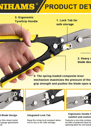 5-Blade Hand Crimper Sheet Metal Tools, Hvac Tool for 24-28 Gauge Duct Work Downspout and Stove Pipe, 10-1/2" Sheet Metal Crimper Gutter End Cap Duct Crimping Tool