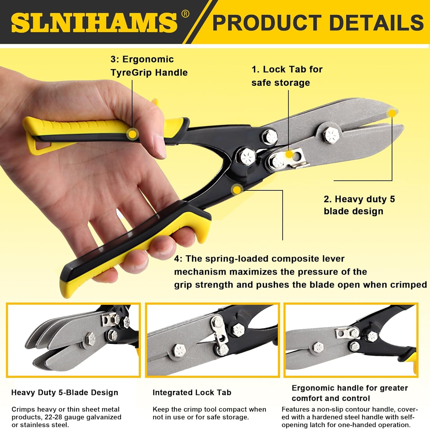 5-Blade Hand Crimper Sheet Metal Tools, Hvac Tool for 24-28 Gauge Duct Work Downspout and Stove Pipe, 10-1/2" Sheet Metal Crimper Gutter End Cap Duct Crimping Tool