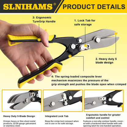 5-Blade Hand Crimper Sheet Metal Tools, Hvac Tool for 24-28 Gauge Duct Work Downspout and Stove Pipe, 10-1/2" Sheet Metal Crimper Gutter End Cap Duct Crimping Tool