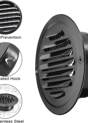 2 PCS 4 Inch Stainless Steel Air Vents round Black Soffit Vent Cover Air Vent Flat Ducting Air Outlet with Built-In Fine Mesh for Kitchen, Bathroom, Garage, Office and Warehouse Ventilation