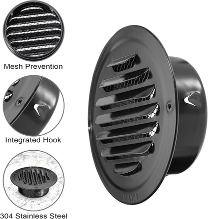2 PCS 4 Inch Stainless Steel Air Vents round Black Soffit Vent Cover Air Vent Flat Ducting Air Outlet with Built-In Fine Mesh for Kitchen, Bathroom, Garage, Office and Warehouse Ventilation
