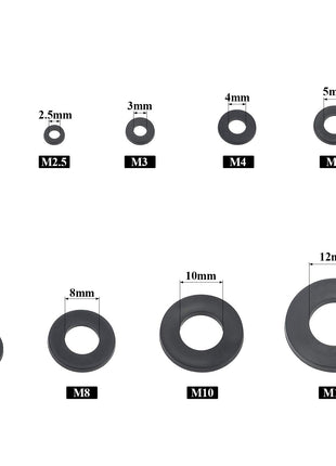 Nylon Flat Washer Assortment Set 600 Pieces, 9 Sizes - M2 M2.5 M3 M4 M5 M6 M8 M10 M12, Black