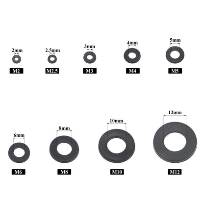 Nylon Flat Washer Assortment Set 600 Pieces, 9 Sizes - M2 M2.5 M3 M4 M5 M6 M8 M10 M12, Black