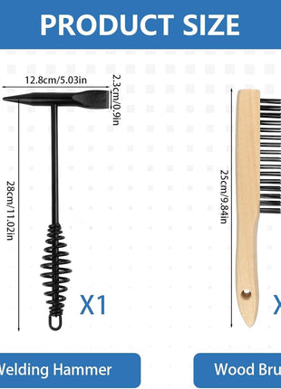 2 Pack Welding Chipping Hammer and Wire Brush Set – 11" Hammer with Coil Spring Handle, Cone and Vertical Chisel and 9.8" Stainless Steel Brush for Slag, Spatter, Residue Removal