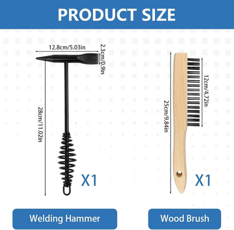 2 Pack Welding Chipping Hammer and Wire Brush Set – 11" Hammer with Coil Spring Handle, Cone and Vertical Chisel and 9.8" Stainless Steel Brush for Slag, Spatter, Residue Removal