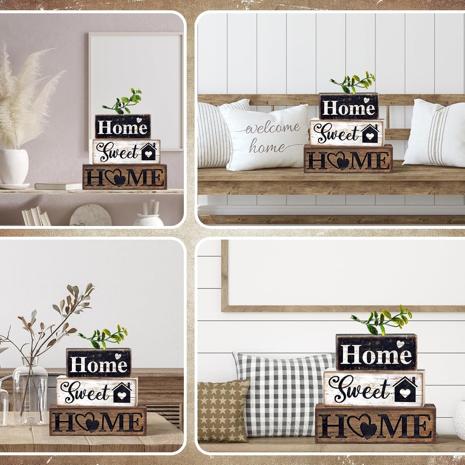 4 Pcs Farmhouse Wooden Tabletop Decor Farmhouse Tiered Tray Decor Rustic Eucalyptus Leaves Wood Block Sign Gift Sweet Home Centerpiece Home Table Decortion