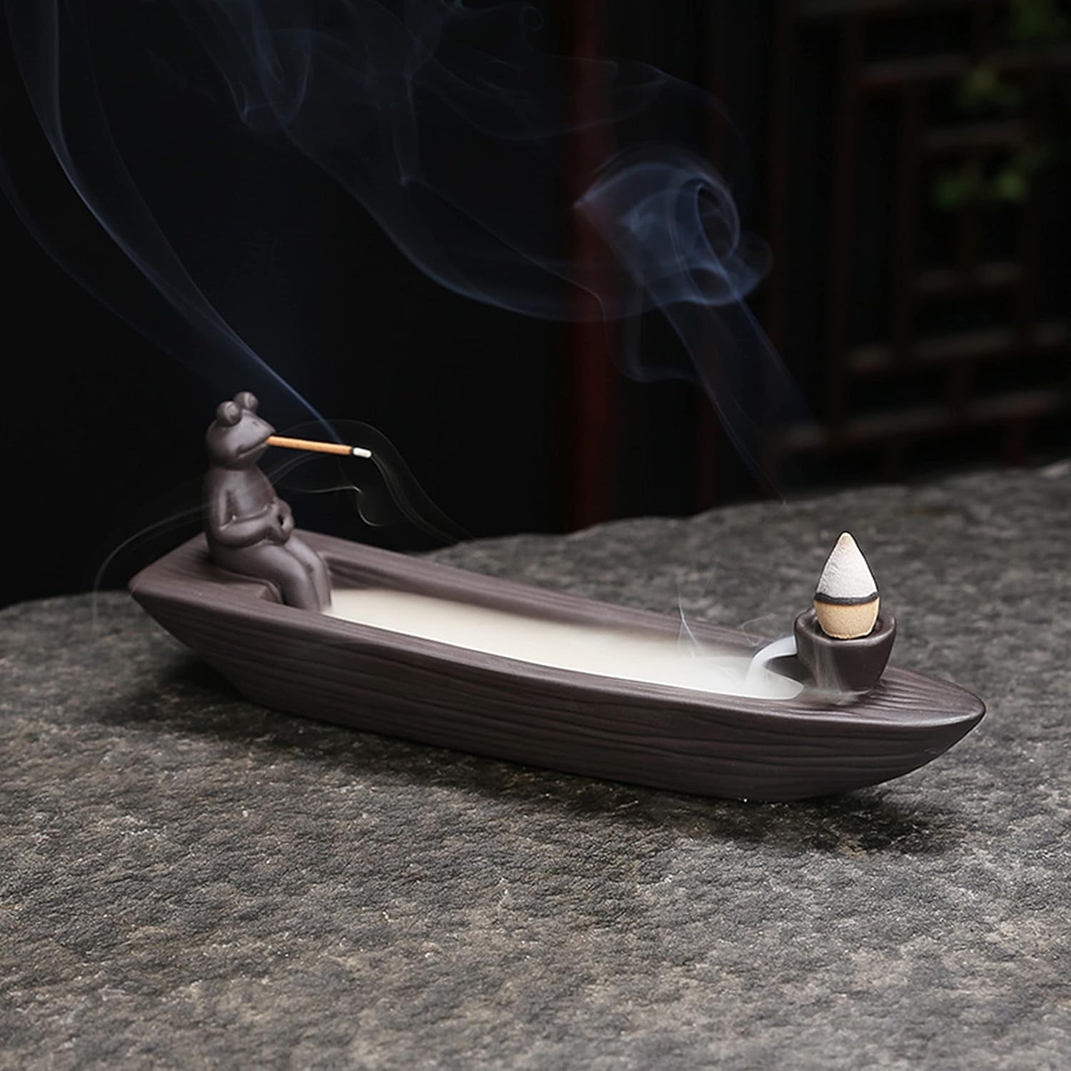 Frog Incense Holder Waterfall - Ceramic Cone Backflow Incense Burner Smoke Fountain, Back Flowing Incense Diffuser with 45 Sticks &amp; 12 Cones, Frog Ornament for Aromatherapy/Yoga/Home Decor