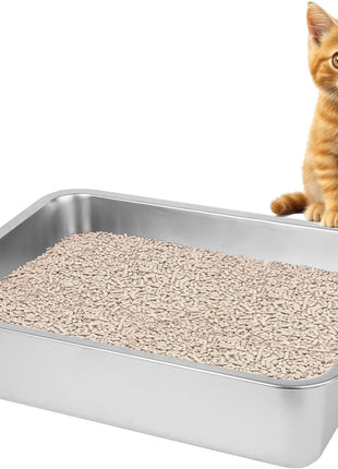 Stainless Steel Cat Litter Box for Big Cats,Small Stainless Steel,Large Metal Cat Litter Box-Easy to Clean.(17.5" L X 13.6" W X 4.1" H).