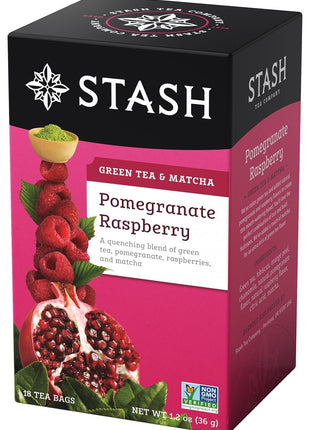 Tea Pomegranate Raspberry Green Tea & Matcha Blend 18 Count Tea Bags in Foil Individual Green Tea Bags for Teapots Mugs or Teacups, Brew Hot Tea or Iced Tea