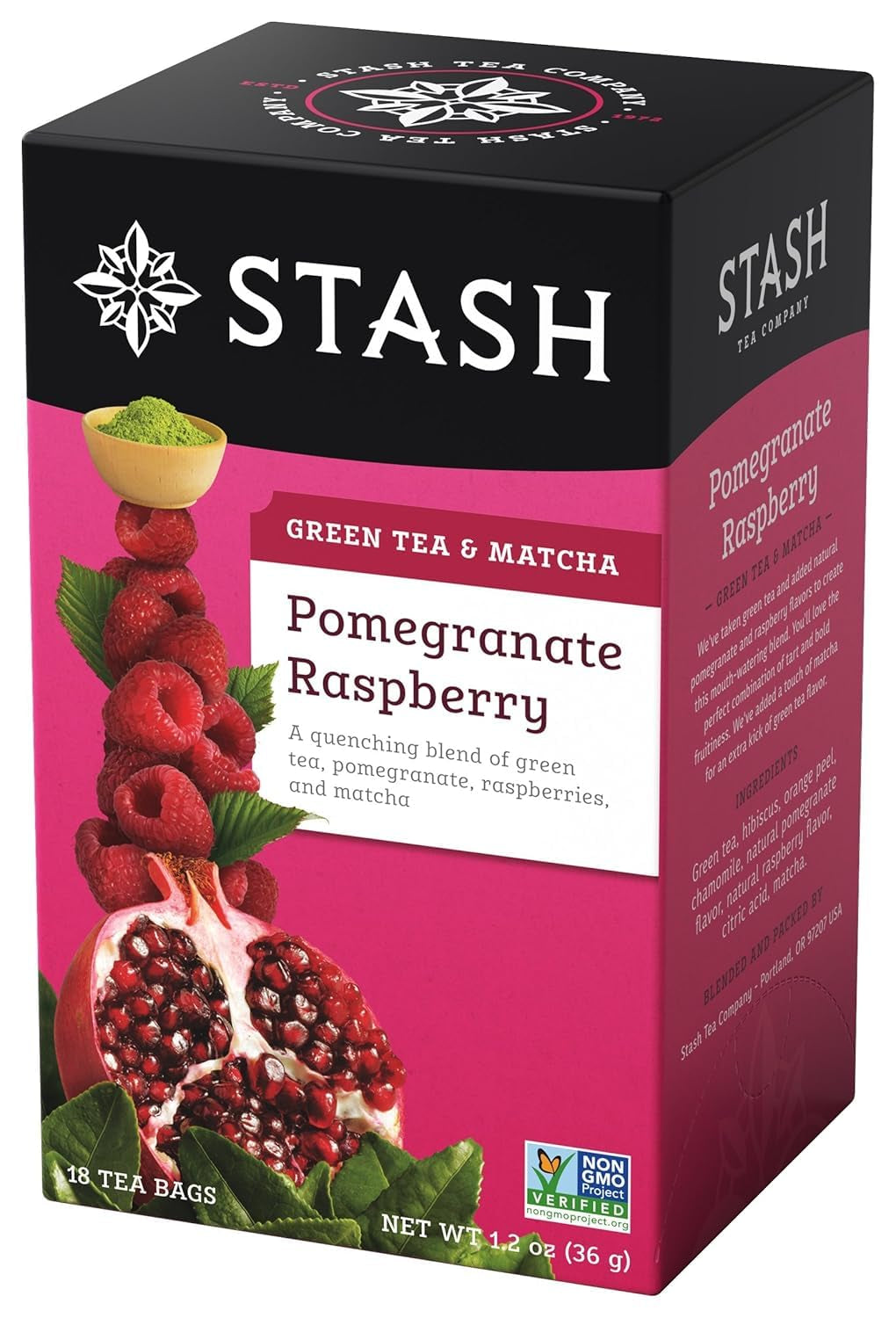Tea Pomegranate Raspberry Green Tea &amp; Matcha Blend 18 Count Tea Bags in Foil Individual Green Tea Bags for Teapots Mugs or Teacups, Brew Hot Tea or Iced Tea