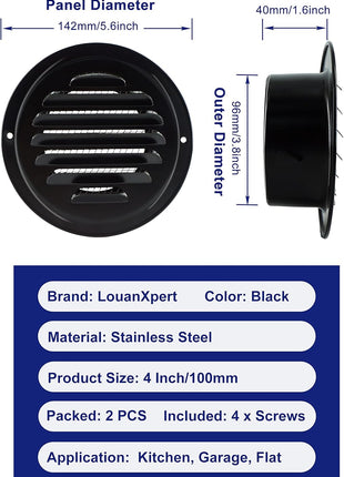 4 Inch round Air Vent Cover, Stainless Steel Soffit Vent Cover Louvered Grille Wall Vent with Built-In Fine Mesh for Garage, Apartment, RV (100Mm - 2PCS)