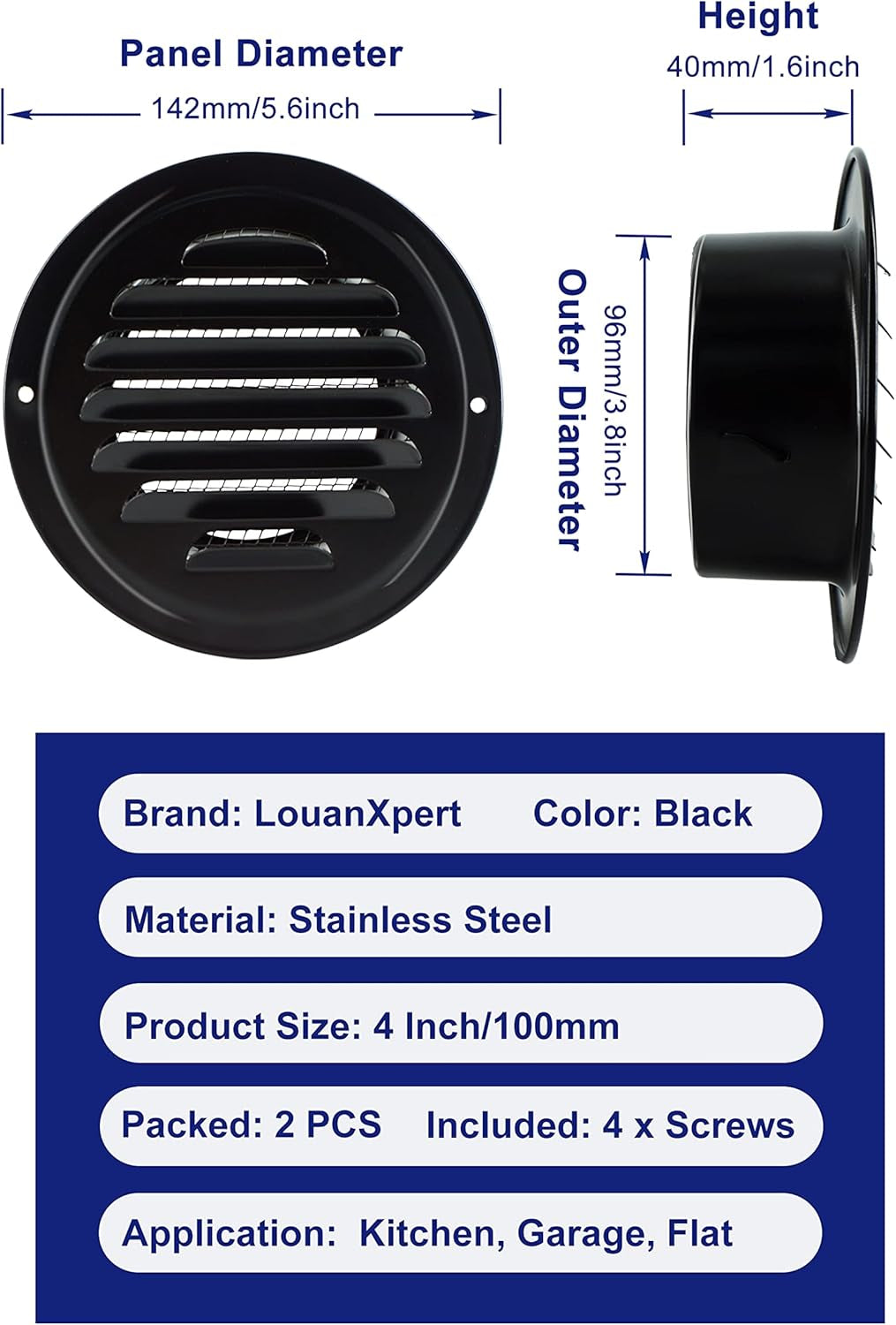 4 Inch round Air Vent Cover, Stainless Steel Soffit Vent Cover Louvered Grille Wall Vent with Built-In Fine Mesh for Garage, Apartment, RV (100Mm - 2PCS)