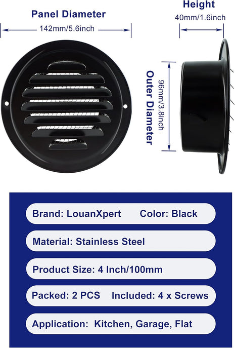 4 Inch round Air Vent Cover, Stainless Steel Soffit Vent Cover Louvered Grille Wall Vent with Built-In Fine Mesh for Garage, Apartment, RV (100Mm - 2PCS)