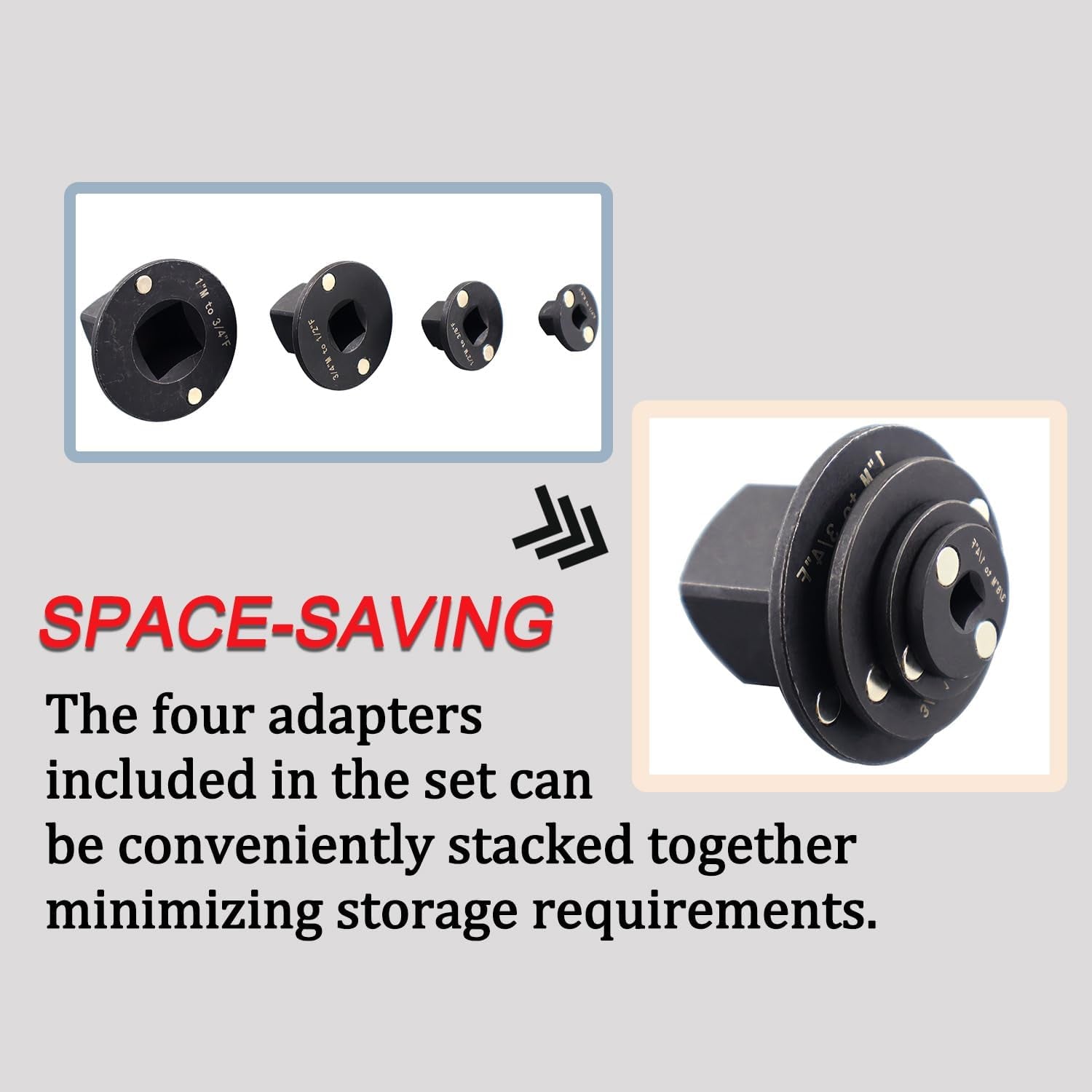 4PCS Low Profile Impact Socket Adapter Set. Drive Ratchet Adapter Set (1" to 3/4", 3/4" to 1/2", 1/2" to 3/8",And 3/8" to 1/4"）