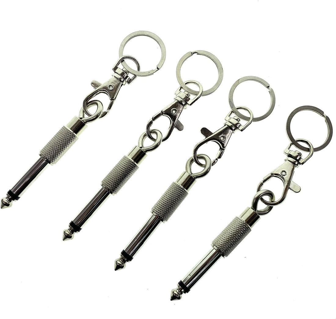 4Pcs Guitar and Bass Plug Keychains, 6.35Mm 1/4 Inches Audio Jack, Music Enthusiasts Accessories, Electric Amplifier Connector Key Rings for Wall Mountable Amp Cable Holder Kit (Silver)