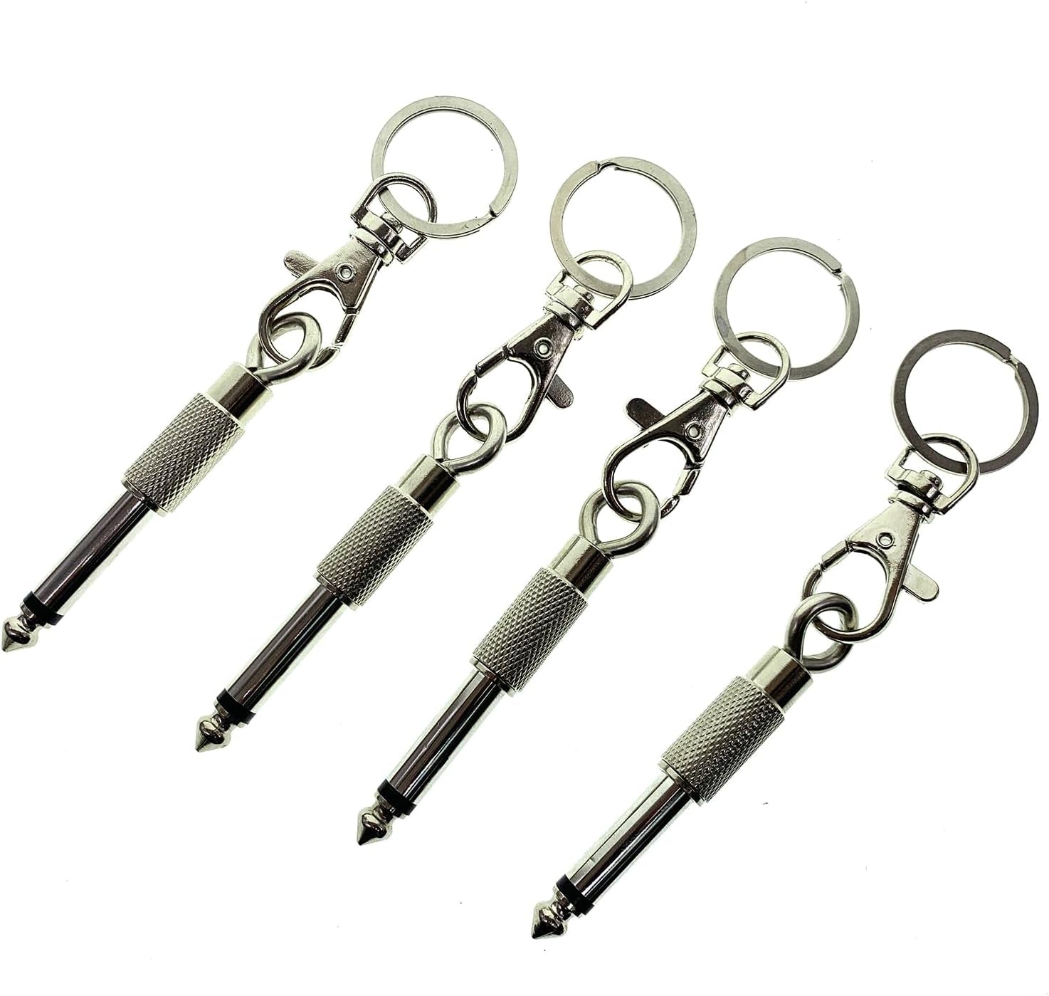 4Pcs Guitar and Bass Plug Keychains, 6.35Mm 1/4 Inches Audio Jack, Music Enthusiasts Accessories, Electric Amplifier Connector Key Rings for Wall Mountable Amp Cable Holder Kit (Silver)