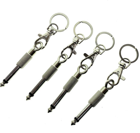 4Pcs Guitar and Bass Plug Keychains, 6.35Mm 1/4 Inches Audio Jack, Music Enthusiasts Accessories, Electric Amplifier Connector Key Rings for Wall Mountable Amp Cable Holder Kit (Silver)