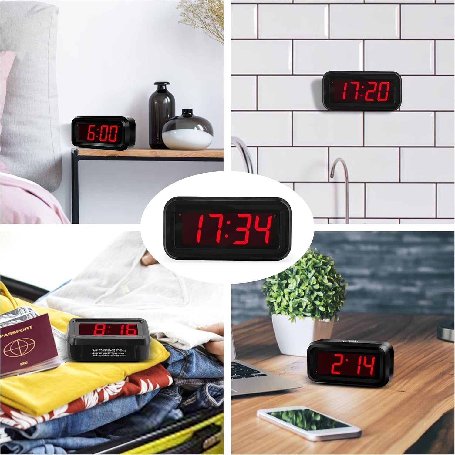 Alarm Clock, LED Digital Clock, Small Wall Clock, Battery Operated, Adjustable 3-Level Led Brightness, Dim Night Mode, 12/24Hr, Cordless, Constantly 1.2&
