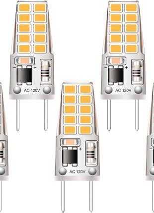 5 Pack G8 LED Bulb Soft White 2700K 120V 3W Equivalent to G8 Halogen Bulb 35W T4 JCD Type GY8.6 Bi-Pin Base, Non-Dimmable for under Cabinet Light, under Counter Kitchen Lighting